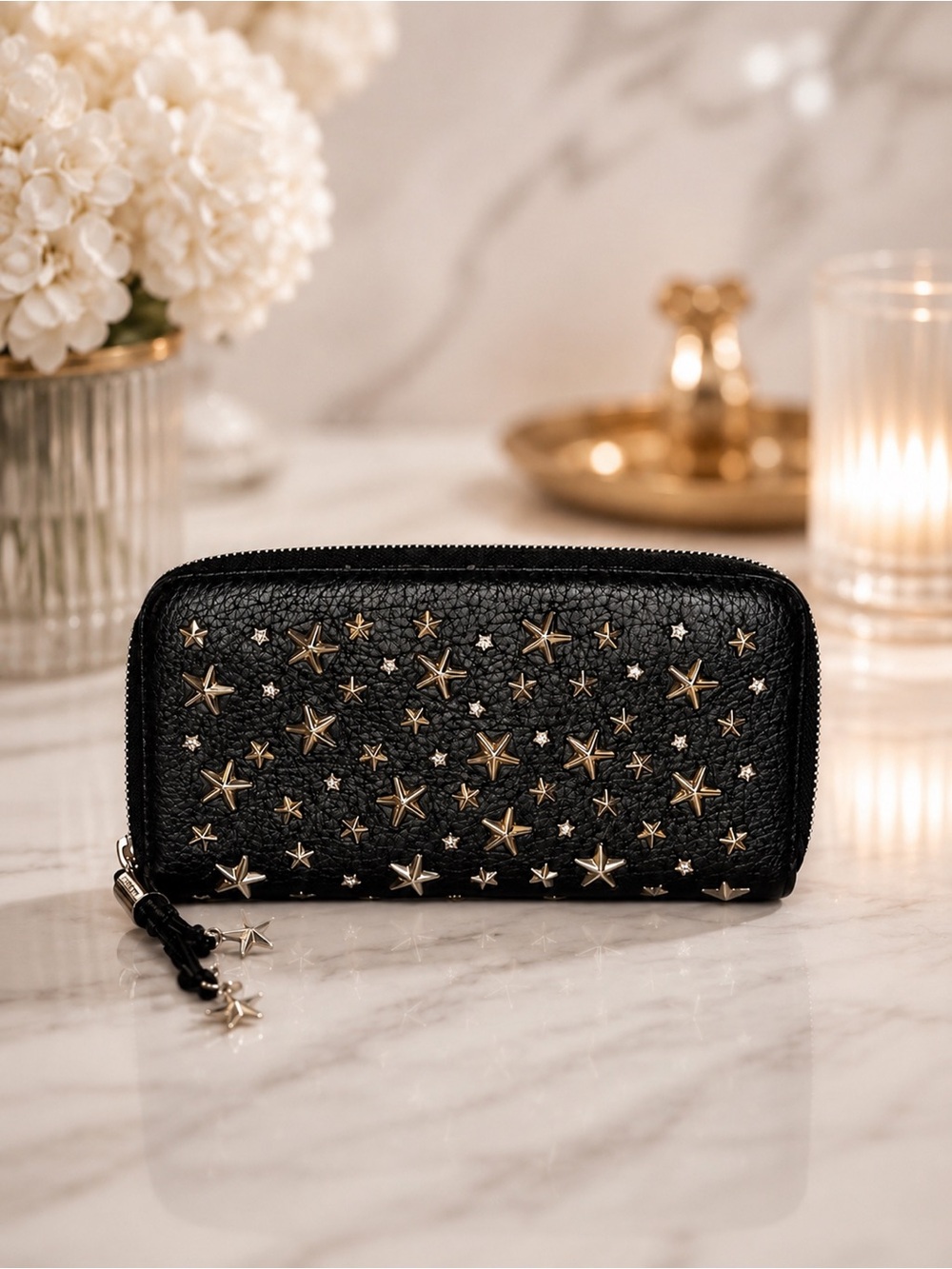 Jimmy Choo Black Pebbled Leather | Silver Star-Studded Zip Wallet